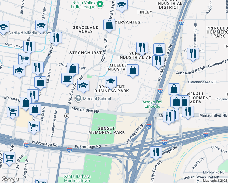 map of restaurants, bars, coffee shops, grocery stores, and more near 1011 Lamberton Place Northeast in Albuquerque