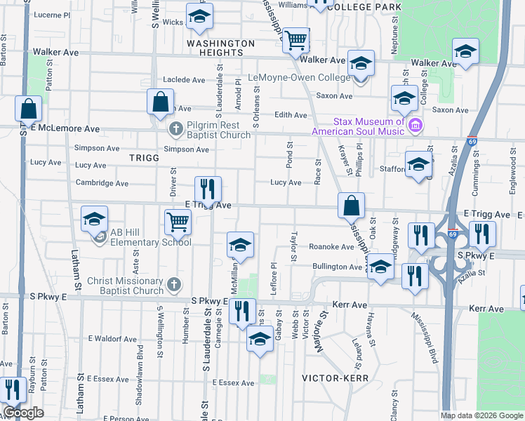 map of restaurants, bars, coffee shops, grocery stores, and more near 655 East Trigg Avenue in Memphis