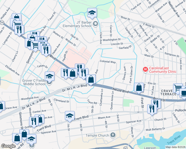 map of restaurants, bars, coffee shops, grocery stores, and more near 807 Clark Avenue in New Bern