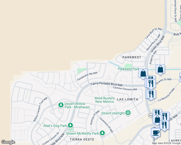 map of restaurants, bars, coffee shops, grocery stores, and more near 8716 Desert Rain Road Northwest in Albuquerque