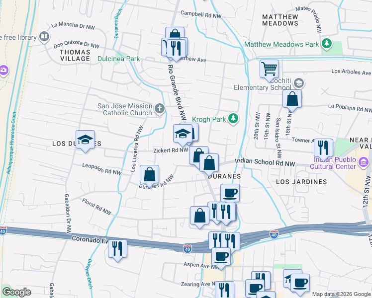 map of restaurants, bars, coffee shops, grocery stores, and more near 2409 Zickert Road Northwest in Albuquerque
