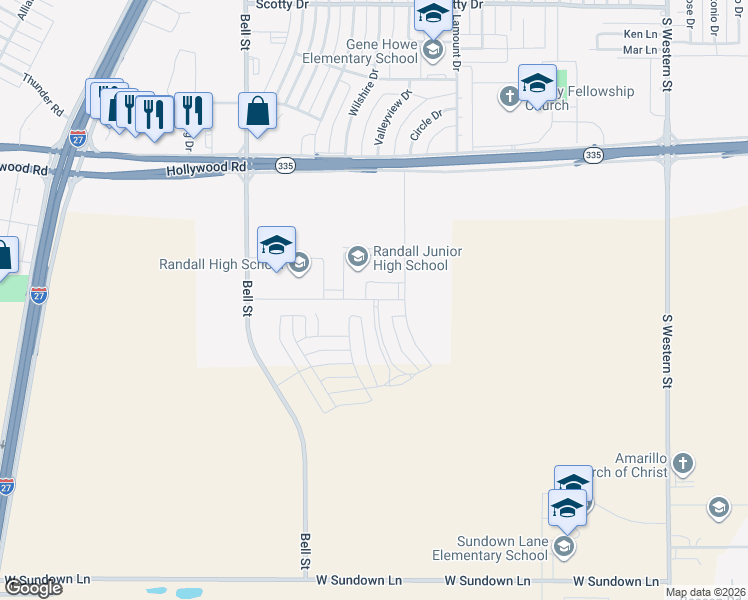 map of restaurants, bars, coffee shops, grocery stores, and more near 5868 Attebury Drive in Amarillo