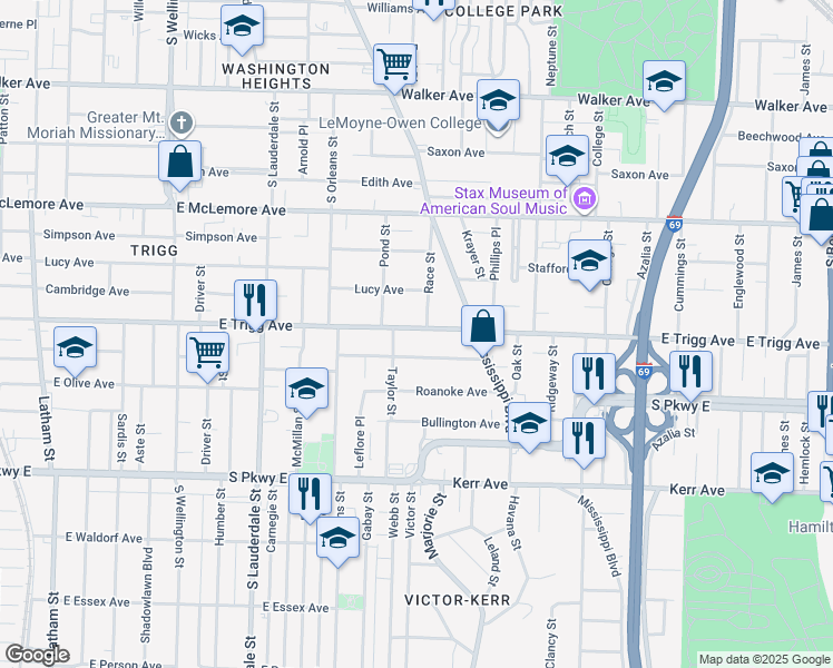 map of restaurants, bars, coffee shops, grocery stores, and more near 745 East Trigg Avenue in Memphis