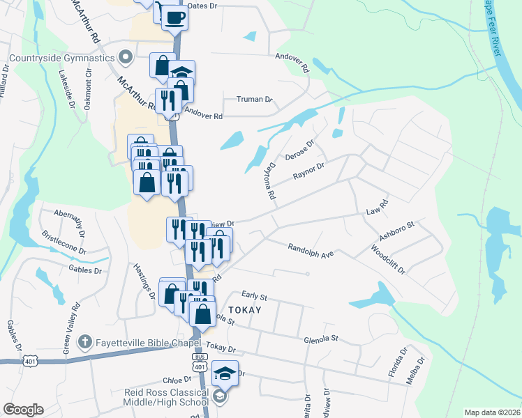 map of restaurants, bars, coffee shops, grocery stores, and more near 313 Longview Drive in Fayetteville