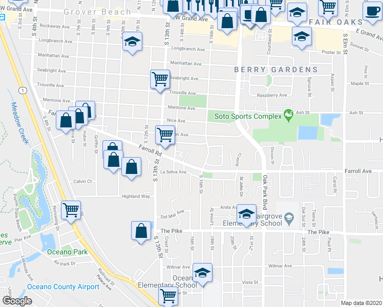map of restaurants, bars, coffee shops, grocery stores, and more near 1483 Farroll Road in Grover Beach