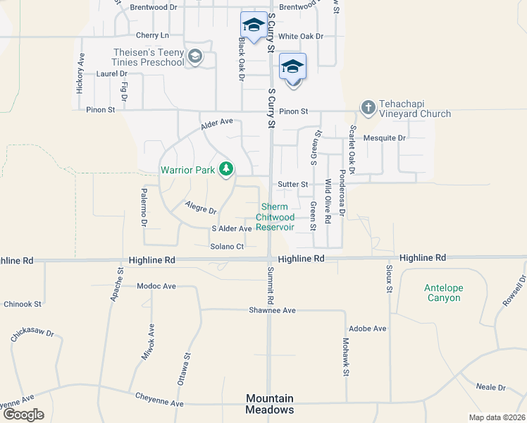 map of restaurants, bars, coffee shops, grocery stores, and more near 115 Manzanita Lane in Tehachapi