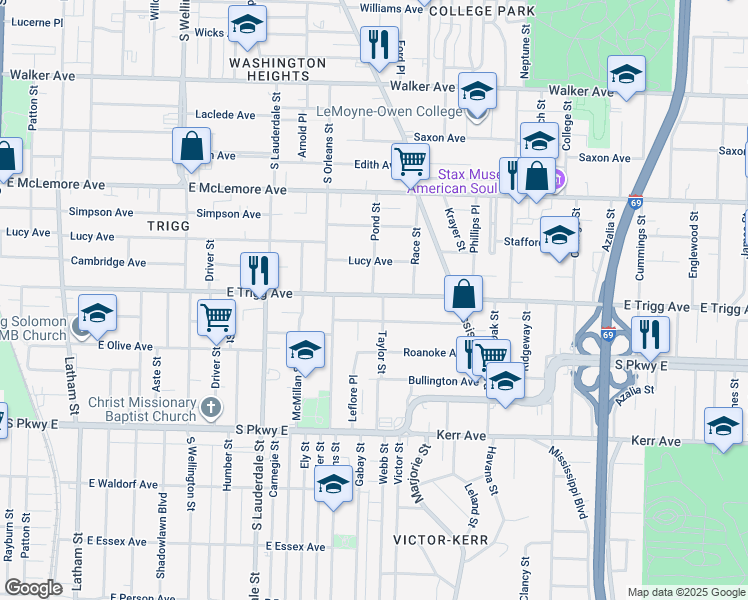 map of restaurants, bars, coffee shops, grocery stores, and more near 701 East Trigg Avenue in Memphis