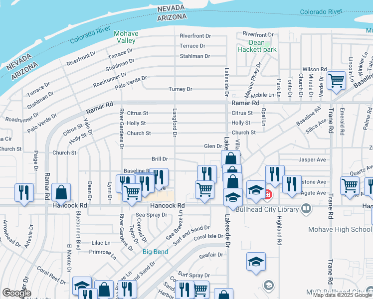 map of restaurants, bars, coffee shops, grocery stores, and more near 902 Glen Drive in Bullhead City