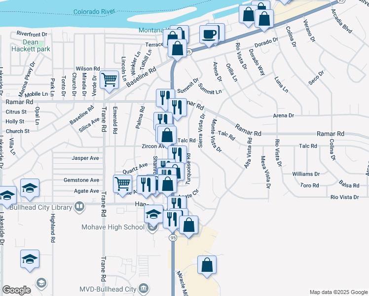 map of restaurants, bars, coffee shops, grocery stores, and more near 1613 Turquoise Road in Bullhead City