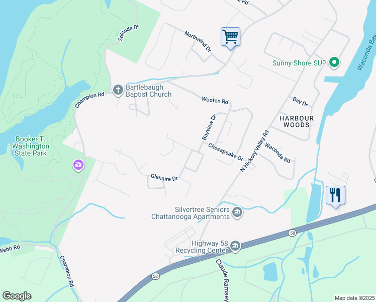 map of restaurants, bars, coffee shops, grocery stores, and more near 8906 Heritage Drive in Chattanooga