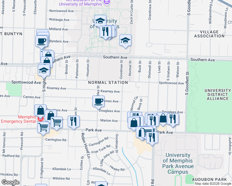 map of restaurants, bars, coffee shops, grocery stores, and more near 3803 Kearney Avenue in Memphis