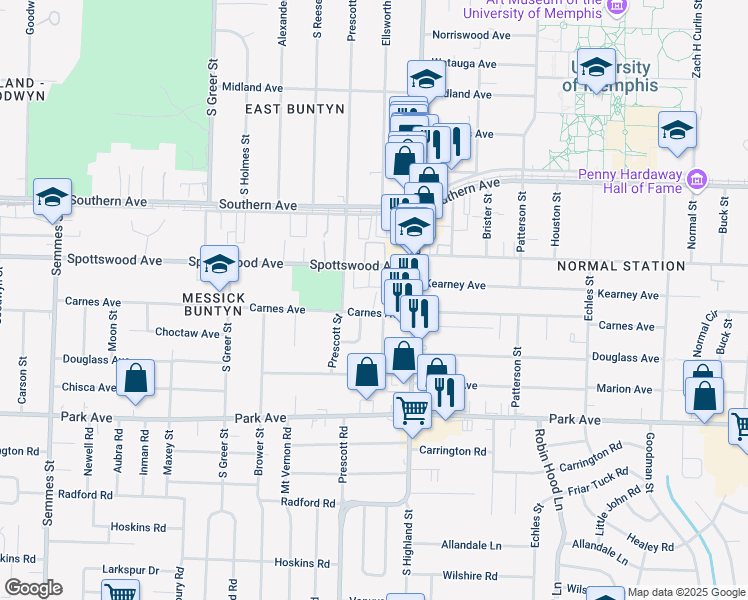 map of restaurants, bars, coffee shops, grocery stores, and more near 3446 Carnes Avenue in Memphis