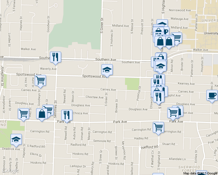 map of restaurants, bars, coffee shops, grocery stores, and more near 732 South Greer Street in Memphis