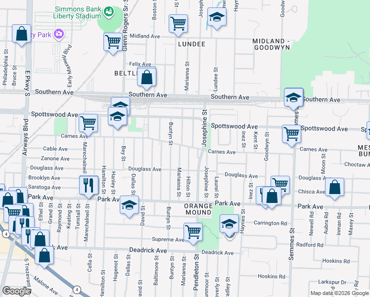 map of restaurants, bars, coffee shops, grocery stores, and more near 2719 Carnes Avenue in Memphis