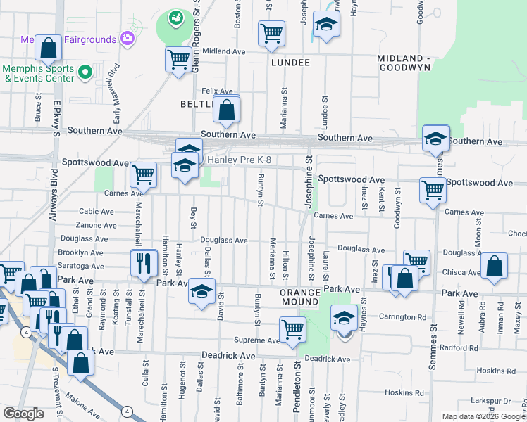 map of restaurants, bars, coffee shops, grocery stores, and more near 2719 Carnes Avenue in Memphis