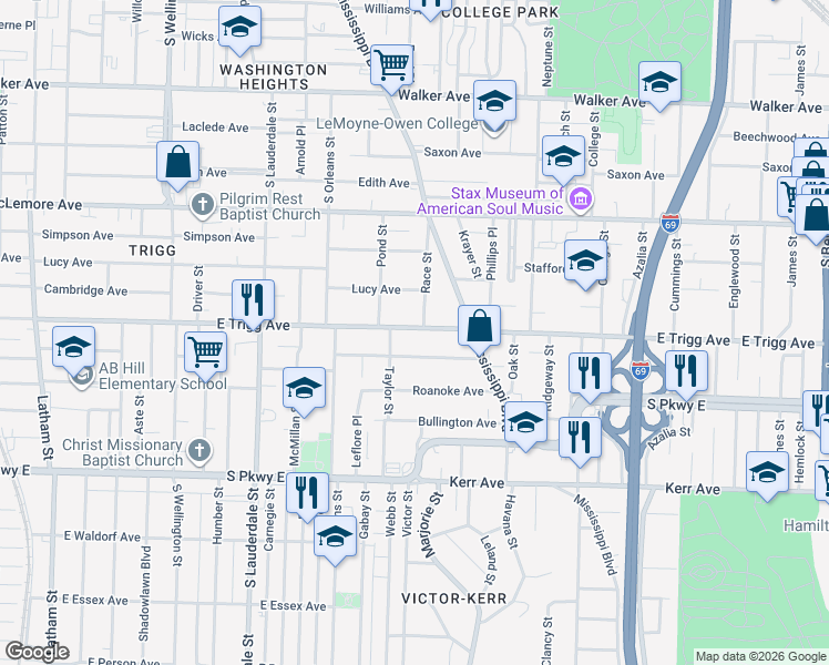 map of restaurants, bars, coffee shops, grocery stores, and more near 745 East Trigg Avenue in Memphis