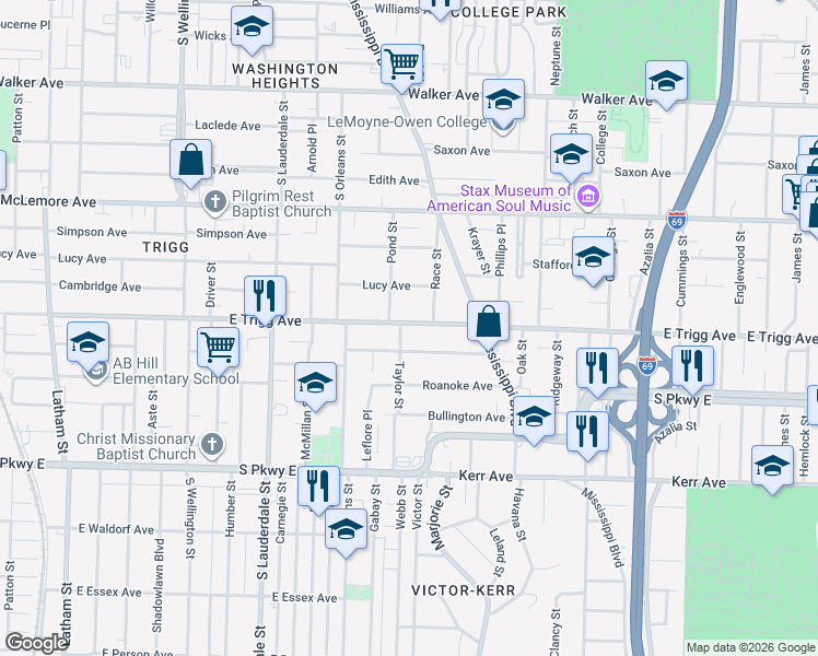map of restaurants, bars, coffee shops, grocery stores, and more near 701 East Trigg Avenue in Memphis