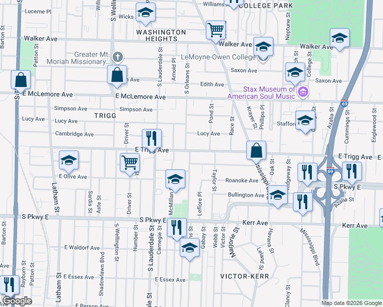 map of restaurants, bars, coffee shops, grocery stores, and more near 655 East Trigg Avenue in Memphis