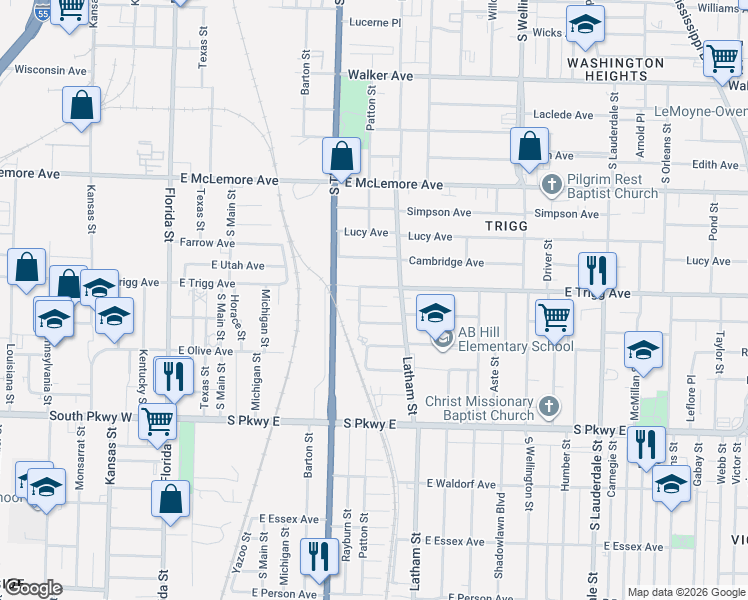 map of restaurants, bars, coffee shops, grocery stores, and more near 251 East Trigg Avenue in Memphis