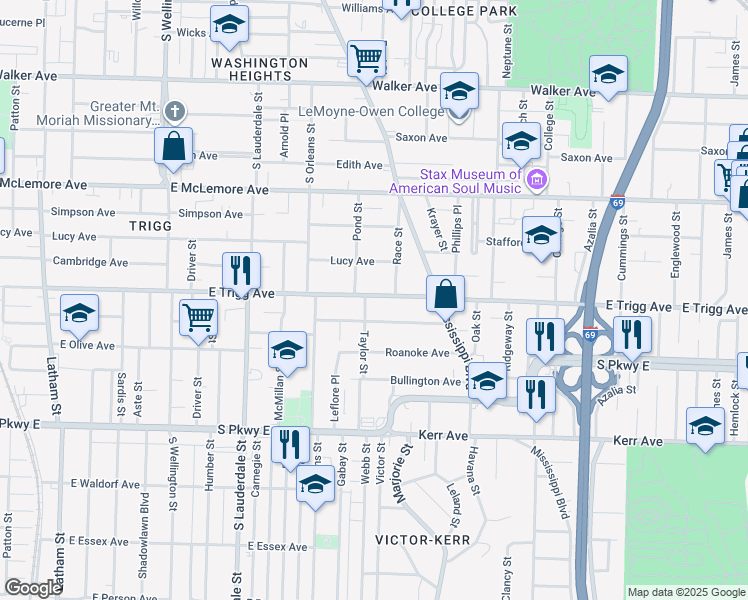 map of restaurants, bars, coffee shops, grocery stores, and more near 701 East Trigg Avenue in Memphis