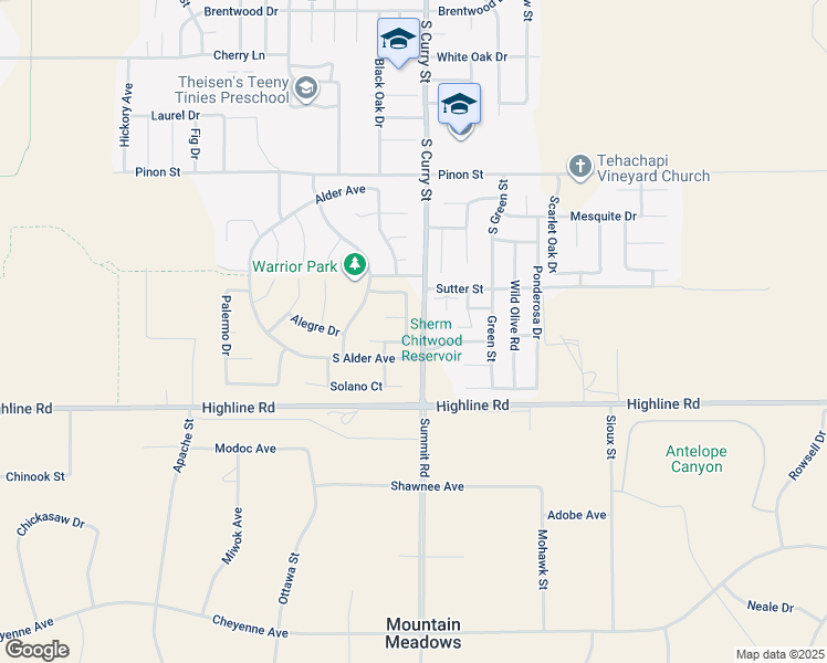 map of restaurants, bars, coffee shops, grocery stores, and more near 115 Manzanita Lane in Tehachapi