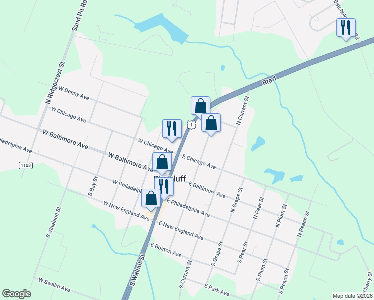 map of restaurants, bars, coffee shops, grocery stores, and more near 322 North Walnut Street in Pinebluff
