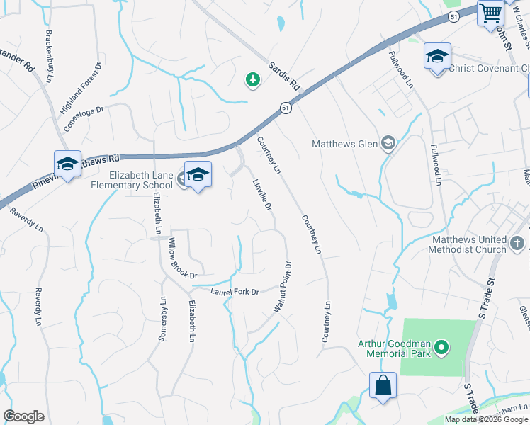 map of restaurants, bars, coffee shops, grocery stores, and more near 231 Linville Drive in Matthews