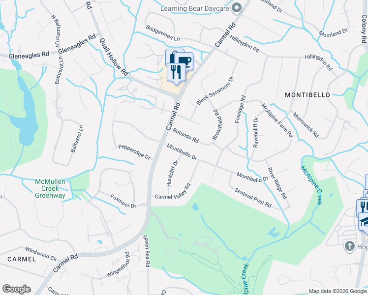 map of restaurants, bars, coffee shops, grocery stores, and more near 4208 Rotunda Road in Charlotte