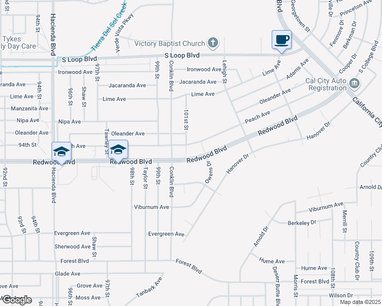map of restaurants, bars, coffee shops, grocery stores, and more near Redwood Boulevard in California City