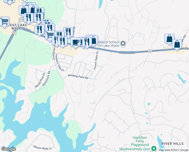map of restaurants, bars, coffee shops, grocery stores, and more near 1409 Swaying Branch Lane in Clover
