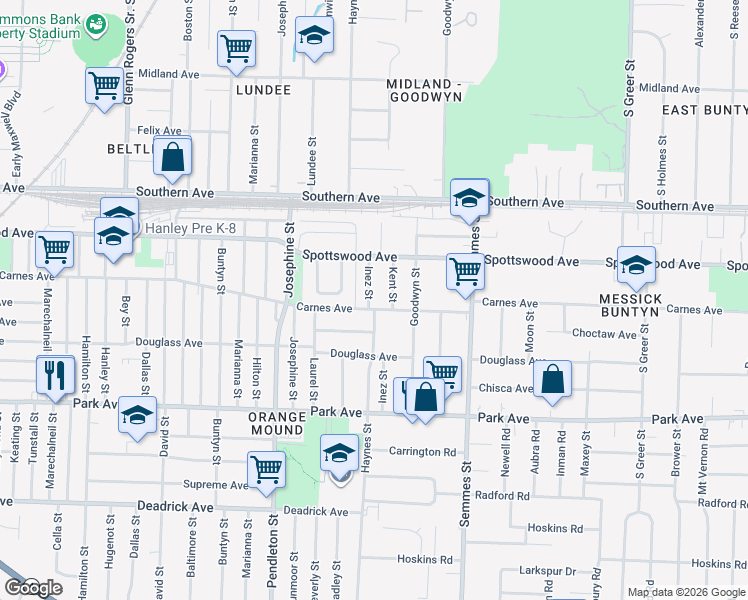 map of restaurants, bars, coffee shops, grocery stores, and more near 740 Inez Street in Memphis