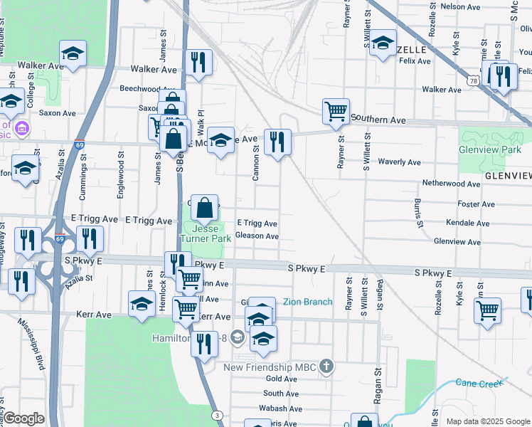 map of restaurants, bars, coffee shops, grocery stores, and more near 1373 Orgill Avenue in Memphis