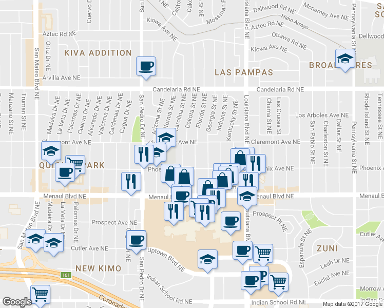 map of restaurants, bars, coffee shops, grocery stores, and more near 2721 Florida Street Northeast in Albuquerque
