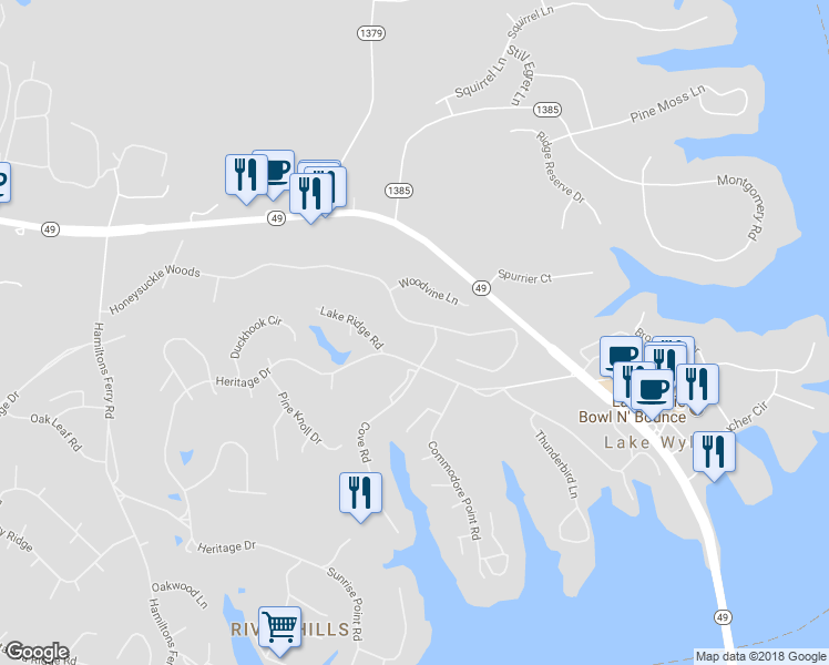 map of restaurants, bars, coffee shops, grocery stores, and more near 74 Honeysuckle Woods in Clover