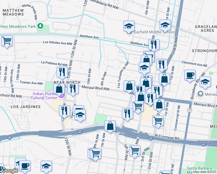 map of restaurants, bars, coffee shops, grocery stores, and more near 727 Menaul Boulevard Northwest in Albuquerque