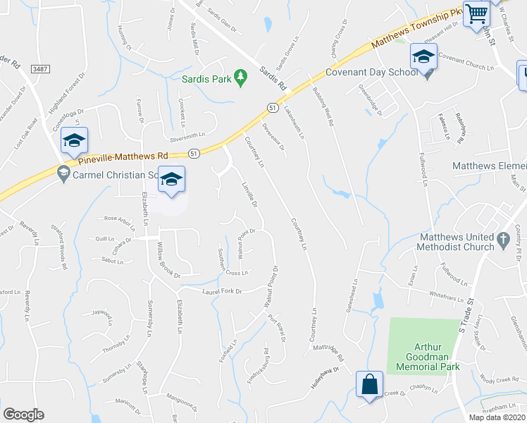 map of restaurants, bars, coffee shops, grocery stores, and more near 231 Linville Drive in Matthews