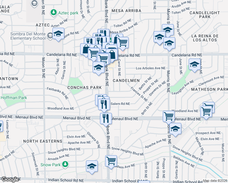 map of restaurants, bars, coffee shops, grocery stores, and more near Mary Ellen Street Northeast in Albuquerque