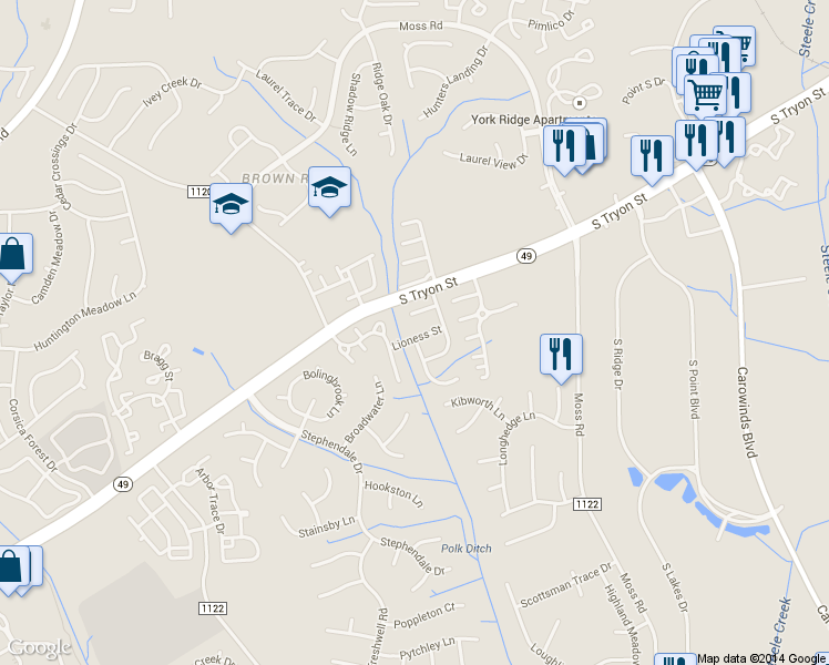 map of restaurants, bars, coffee shops, grocery stores, and more near 11650 Lioness Street in Charlotte