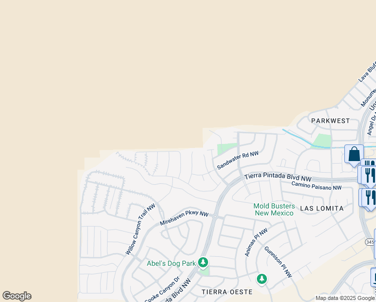 map of restaurants, bars, coffee shops, grocery stores, and more near 2351 Woods Wash Trail NW in Albuquerque