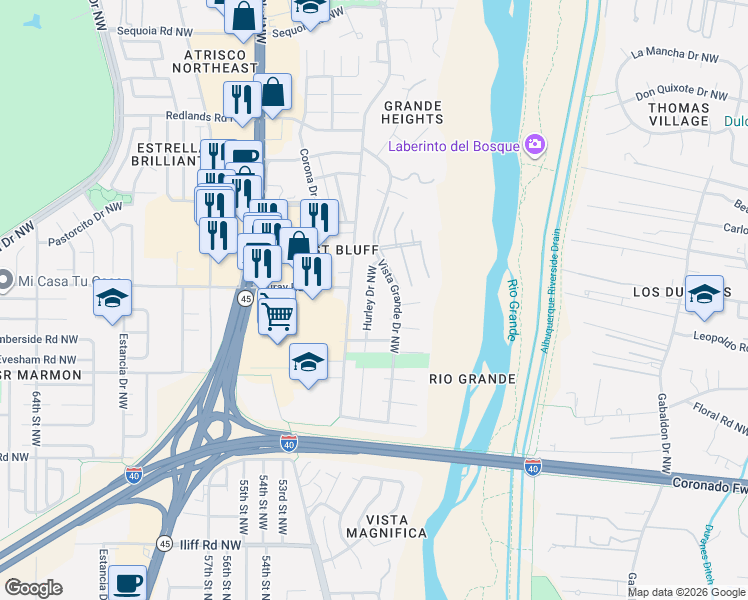 map of restaurants, bars, coffee shops, grocery stores, and more near 2600 Hurley Drive Northwest in Albuquerque