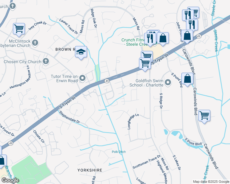 map of restaurants, bars, coffee shops, grocery stores, and more near 11209 Lions Mane Street in Charlotte