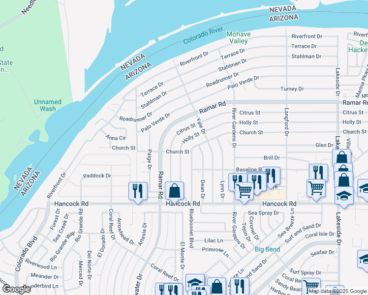map of restaurants, bars, coffee shops, grocery stores, and more near 589 Holly Street in Bullhead City