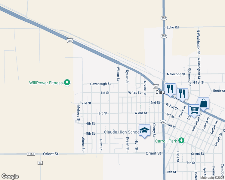 map of restaurants, bars, coffee shops, grocery stores, and more near Western Street in Claude