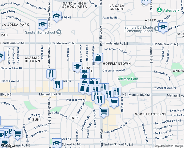 map of restaurants, bars, coffee shops, grocery stores, and more near 2417 Wisconsin Street Northeast in Albuquerque