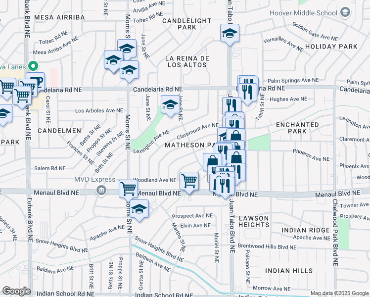 map of restaurants, bars, coffee shops, grocery stores, and more near 10908 Fairbanks Road Northeast in Albuquerque