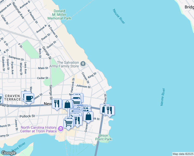 map of restaurants, bars, coffee shops, grocery stores, and more near 612 East Front Street in New Bern