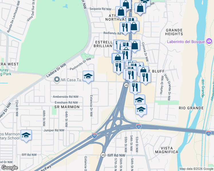 map of restaurants, bars, coffee shops, grocery stores, and more near 2515 Maiden Grass Road Northwest in Albuquerque