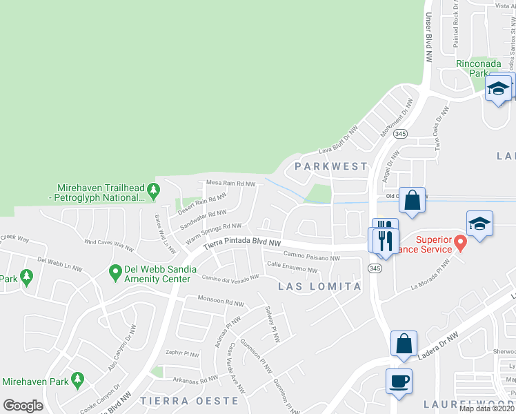 map of restaurants, bars, coffee shops, grocery stores, and more near 2320 Arroyo Falls Street Northwest in Albuquerque