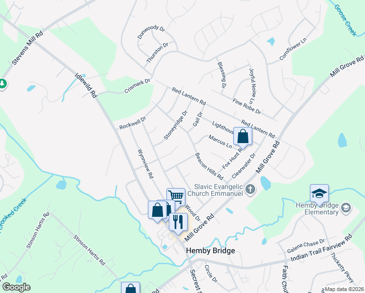 map of restaurants, bars, coffee shops, grocery stores, and more near 6112 Bridle Trail in Indian Trail