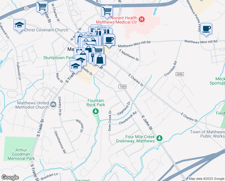 map of restaurants, bars, coffee shops, grocery stores, and more near 508 Sadie Drive in Matthews
